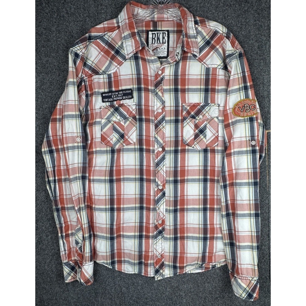 BKE Vintage 67 Athletic Fit Pearl Snap Embroidered Patches Mens Sz XL